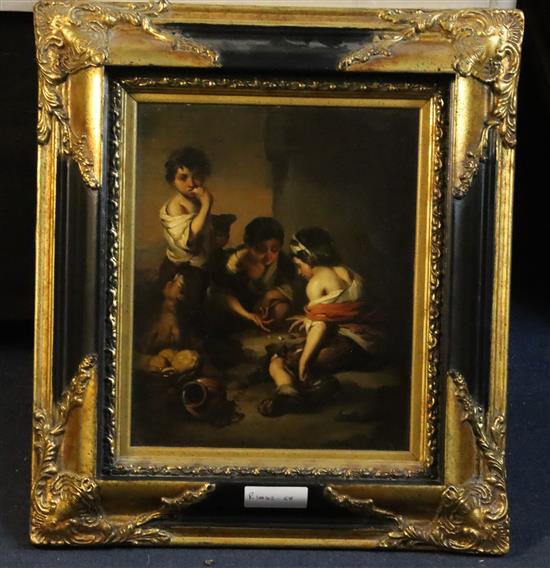 After Murillo, oil on zinc, Children playing dice, 28 x 23cm